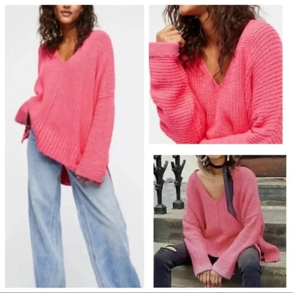 Free People Pink Take Me Over V-Neck Sweater - Picture 1 of 8